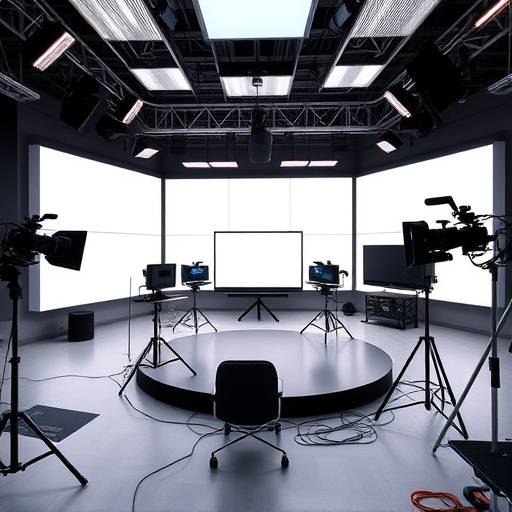 Amplio estudio de televisión en las nuevas instalaciones de TeleEstudio Global en Hialeah, con modernos equipos de iluminación y sonido.