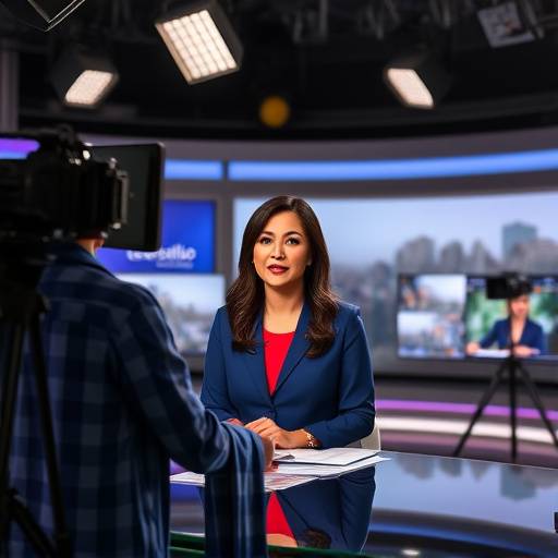 Ana Rodriguez, presentadora de noticias, sentada en el estudio de TeleEstudio Global durante la emisión del noticiero matutino.