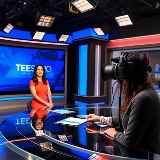 Ana Rodríguez, presentadora de noticias, en el estudio de TeleEstudio Global durante una transmisión en vivo.
