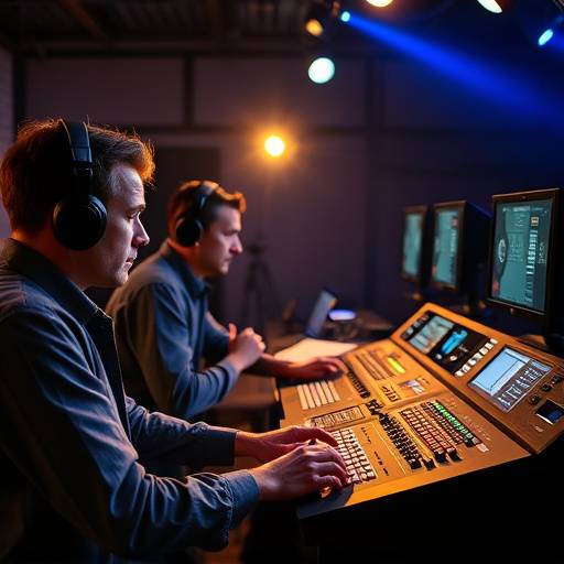 Equipo de producción trabajando en la mesa de control de audio y video durante una transmisión en vivo.
