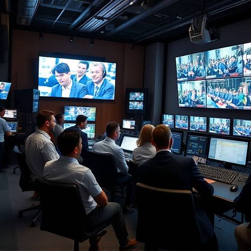 Equipo de TeleEstudio Global colaborando en la sala de control durante una transmisión en vivo.