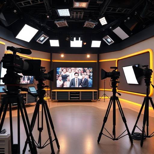 Interior de un estudio de televisión profesional equipado con cámaras, luces y equipo de sonido, listo para la producción de un programa.