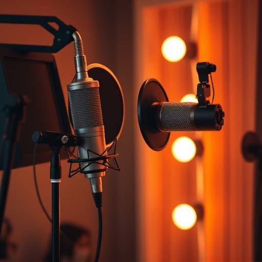 Micrófono de estudio utilizado durante una grabación en TeleEstudio Global, simbolizando el compromiso de la empresa con la producción de contenido de alta calidad.