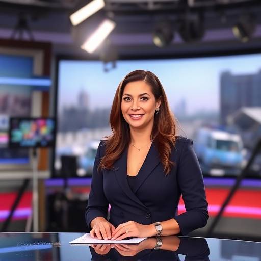 Presentadora de noticias, Ana Rodriguez, anunciando el lanzamiento de la plataforma de streaming GlobalPlay en el noticiero matutino de TeleEstudio Global.