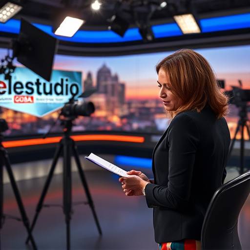 Presentadora de noticias, Ana Rodriguez, en el estudio de TeleEstudio Global durante la preparación para la emisión del noticiero de la tarde.