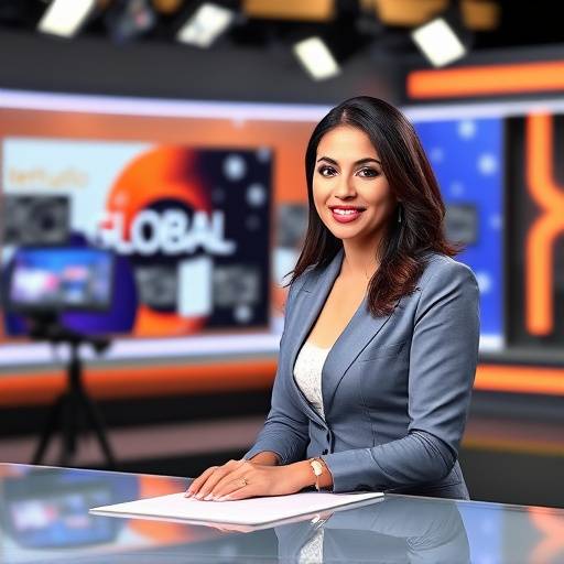 Presentadora de noticias, Ana Rodriguez, en el estudio de TeleEstudio Global durante la emisión del noticiero matutino.