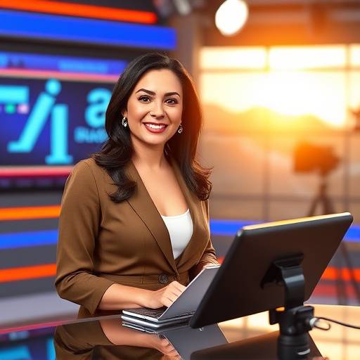 Presentadora de noticias, Ana Rodriguez, en el estudio de TeleEstudio Global durante la emisión del noticiero matutino.