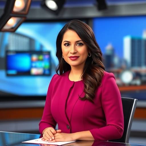 Presentadora de noticias, Isabella Flores, en el estudio de TeleEstudio Global durante la emisión del noticiero nocturno.