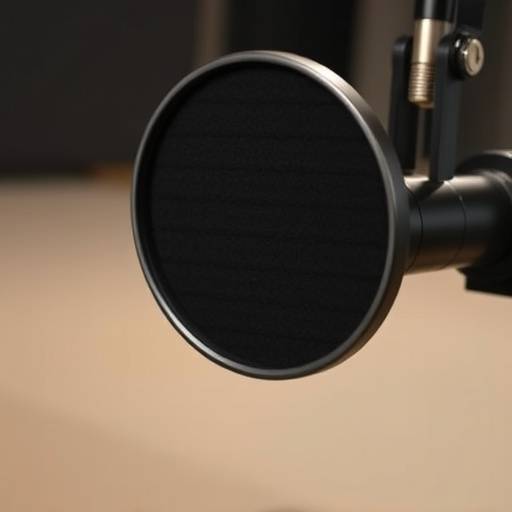 Primer plano de un micrófono de estudio profesional con filtro anti-pop, listo para la grabación de voz.