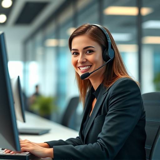 Representante de atención al cliente de TeleEstudio Global atendiendo una llamada en un centro de contacto moderno.