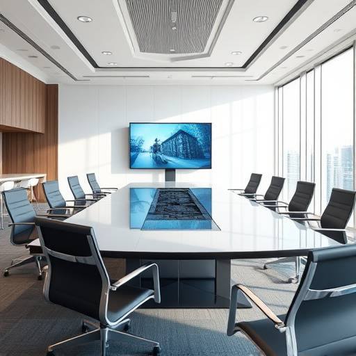 Sala de conferencias moderna y luminosa en TeleEstudio Global, con una gran mesa de reuniones y equipos de videoconferencia.