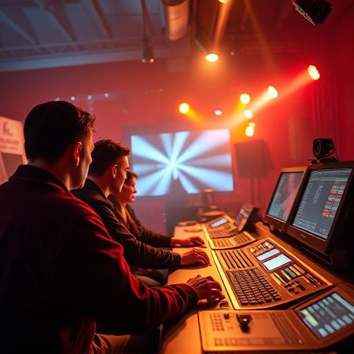 Un equipo de producción trabajando diligentemente en la mesa de control durante una transmisión en vivo.