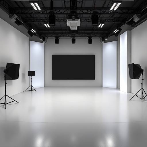Un espacioso estudio de televisión en TeleEstudio Global, vacío y listo para una nueva producción.