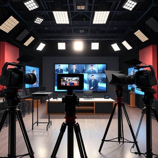 Un estudio de televisión profesional con mültiples cámaras y luces, listo para una grabación.