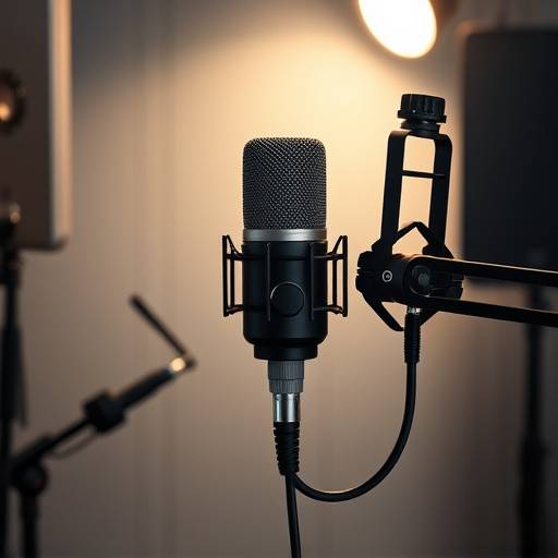 Un micrófono profesional de estudio listo para la grabación de una sesión de audio.